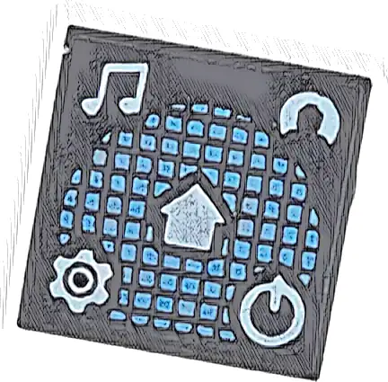 Tile 1 x 1 with White Music Notes, Minifigure Profile, Gear, Power Icon, and Home Button on Medium Blue Grid Pattern