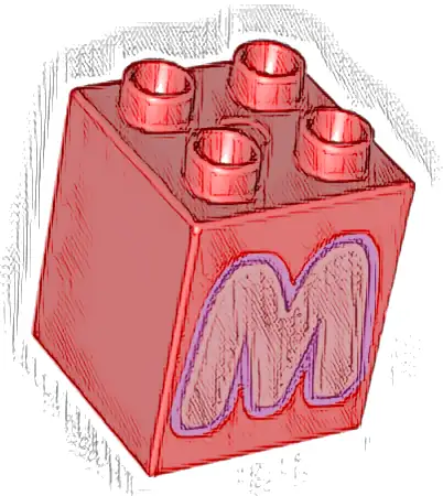 Duplo, Brick 2 x 2 x 2 with Coral Capital Letter M with Medium Lavender Outline Pattern