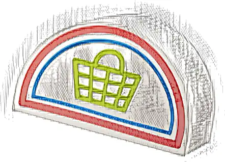 Duplo, Brick 2 x 4 x 2 Slope Curved Double with Lime Shopping Basket and Red and Dark Azure Borders Pattern