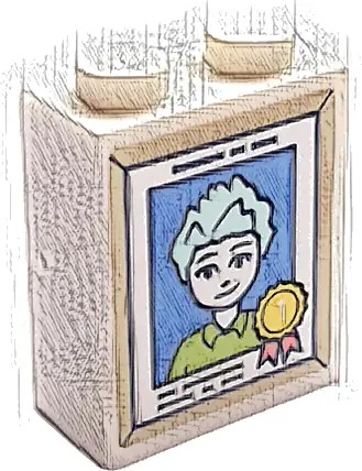 Brick 1 x 2 x 2 with Inside Stud Holder with Picture of Friends Minifigure Charli with Light Aqua Hair and Number 1 Award Ribbon in Tan Frame Pattern (Sticker) - Set 41728