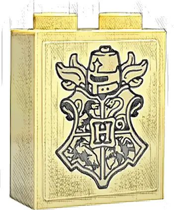 Brick 1 x 2 x 2 with Inside Stud Holder with Copper Capital Letter H, Dark Tan Hogwarts Crest, Helmet and Plume Feathers Pattern (Sticker) - Set 76415