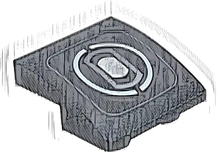 Slope, Curved 2 x 2 x 2/3 Inverted with Thin Dark Bluish Gray Rounded Square, White Split Circle, and Silver Headlight Pattern