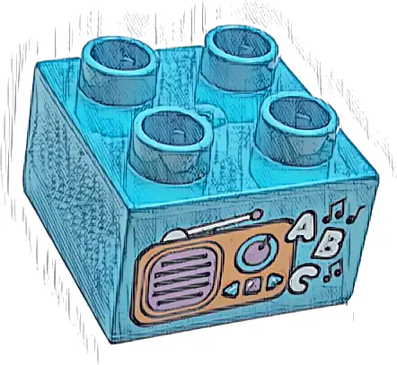 Duplo, Brick 2 x 2 with Orange and Medium Lavender Radio, Black Music Notes and White 'ABC' Pattern