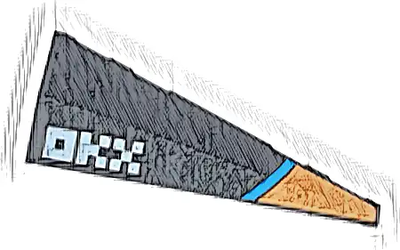 Wedge 5 x 2 Left with Orange Panel, Dark Azure Stripe, White Pixelated 'OKX' Pattern