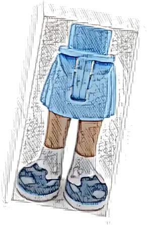 Część LEGO® 35216ac00pb027 Mini lalka, biodra i spódnica z formowanymi średniobrązowymi nogami i nadrukowanymi ciemnoniebieskimi butami z białymi podeszwami i skarpetkami (wzór) - cienki zawias