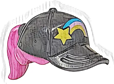 Część LEGO® 35660pb12 Minifigurka, włosy combo, włosy z czapką, kucyk z odlewaną czarną czapką z daszkiem i nadrukowaną ciemnoazjatycką, jaskrawo różową i żółtą tęczą oraz gwiazdą, wzór