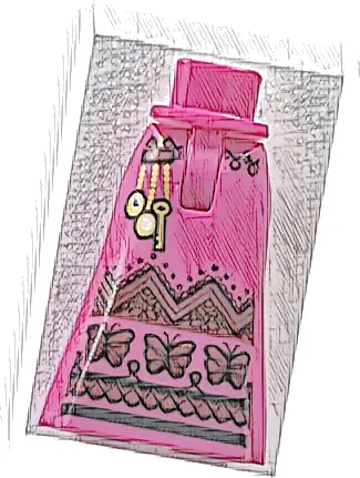 Mini Doll Hips and Skirt Full Length with Pendant, Watch and Key on Gold Chains, Black and Dark Red Butterflies, Zig Zag and Hem Pattern - Thin Hinge