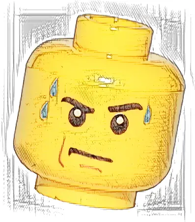 Minifigure, Head Black Eyebrows, Left Raised, Bright Light Blue Sweat Drops, Nougat Jowl Line and Chin Dimple, Stern Pattern