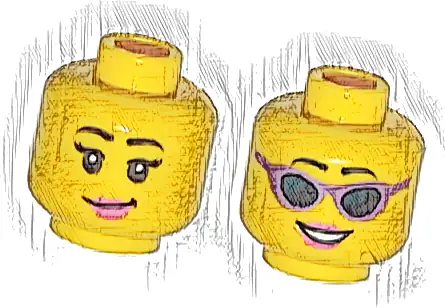 Minifigure, Head Dual Sided Female Black Eyebrows, Dark Pink Lips, Eyelashes / Sunglasses with Medium Lavender Frames Pattern