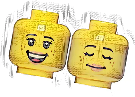 Minifigure, Head Dual Sided Female Black Eyebrows, Double Eyelashes, Nougat Lips and Freckles, Open Mouth Smile with Top Teeth and Red Tongue / Sleeping Pattern