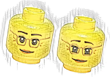 Minifigure, Head Dual Sided Female Dark Tan Glasses, Laugh Lines, Dark Orange Lips, Neutral / Raised Eyebrows Amused Pattern