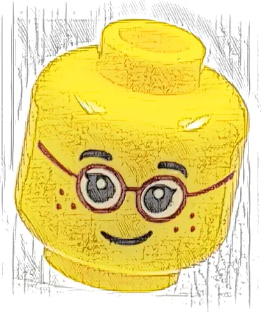 Minifigure, Head Child Black Eyebrows, Single Eyelashes, Glasses with Red Round Frames, Freckles, Lopsided Grin Pattern