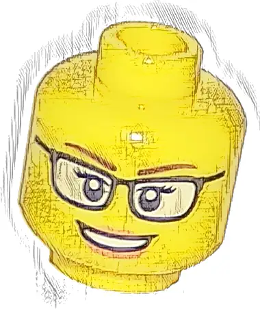 Minifigure, Head Female Black Glasses with White Lenses, Reddish Brown Eyebrows, Nougat Lips, and Open Mouth Smile with Teeth Pattern
