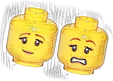 Minifigure, Head Dual Sided Female Reddish Brown Eyebrows, Black Eyelashes, Nougat Lips, Slight Grin / Scared Open Mouth with Teeth Pattern