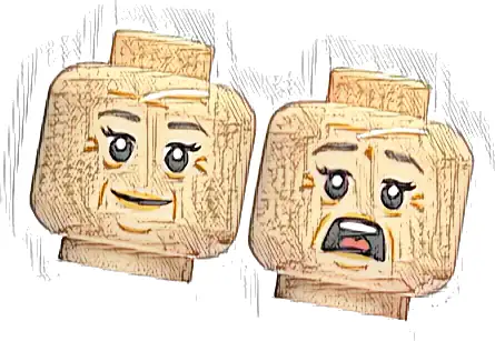 Minifigure, Head Dual Sided Female Dark Bluish Gray Eyebrows, Wrinkles, Smile / Open Mouth Scared Pattern