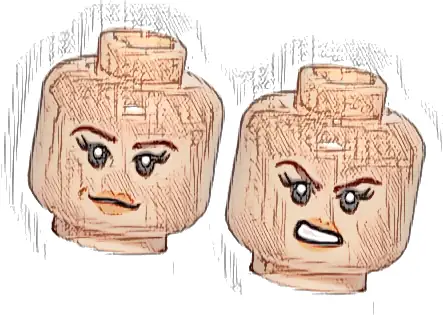 Minifigure, Head Dual Sided Female Dark Brown Eyebrows, Black Eyelashes, Nougat Lips, Neutral with Dimple / Open Mouth Scowl with Teeth Pattern