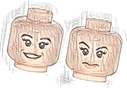 Minifigure, Head Dual Sided Female Black Eyebrows and Long Eyelashes, Nougat Lips, Open Smile / Closed Mouth, Eyebrow Raised Pattern