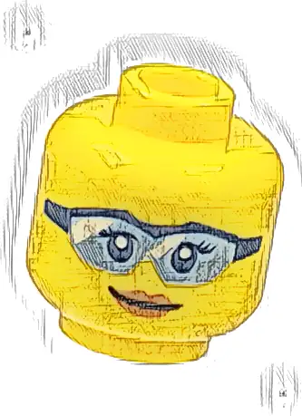Minifigure, Head Female Dark Blue Eyes and Eyelashes, Safety Glasses with Bright Light Blue Lenses and White Reflections, Dark Orange Lips, Slight Lopsided Grin Pattern