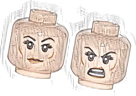 Minifigure, Head Dual Sided Female Black Eyebrows, Eyelashes, Medium Nougat Cheek Dimples, Dark Orange Lips, Neutral / Open Mouth Angry with Teeth Parted Pattern