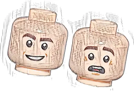 Minifigure, Head Dual Sided Dark Brown Eyebrows, Open Mouth Smile / Scared with Top Teeth and Red Tongue Pattern