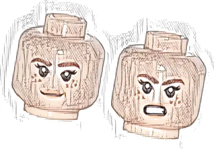 Minifigure, Head Dual Sided Female PotC Reddish Brown Eyebrows, Nougat Freckles and Lips, Slight Smile / Bared Teeth Angry Pattern