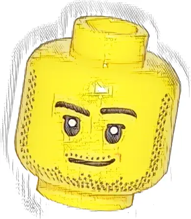 Minifigure, Head Male Smirk, Medium Nougat Dimple, Pupils, Dark Bluish Gray Stubble Beard, Moustache, and Sideburns Pattern