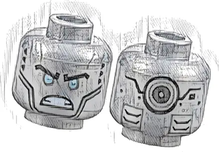 Minifigure, Head Alien Robot with Black Eyebrows, Metallic Light Blue Eyes, Cheek Lines, Angry Bared Teeth, Vents and Silver Circle on Back Pattern