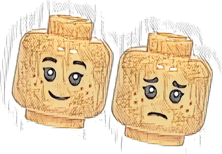 Minifigure, Head Dual Sided Child Female Black Eyebrows, Eyelashes, Dark Orange Freckles, Grin / Sad Frown Pattern