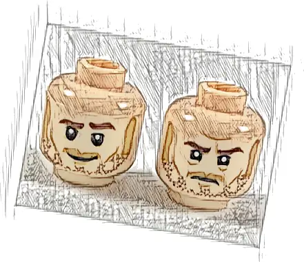 Minifigure, Head Dual Sided Reddish Brown Eyebrows and Stubble, Medium Nougat Sideburns, Moustache, Cheek Lines, and Chin Dimple, Grin / Determined Pattern
