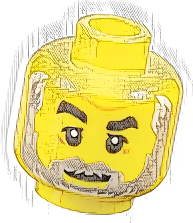 Minifigure, Head Black Eyebrows, Right Raised, Medium Nougat Brow Furrow, Crow's Feet, Light Bluish Gray Beard, White Highlights, Slight Grin Pattern
