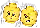 Minifigurka, głowa dwustronna żeńska czerwonobrązowe brwi, piegi i usta w kolorze nougat, mały uśmieszek / lewe oko zmrużone (wzór)