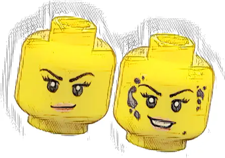 Minifigure, Head Dual Sided Female Black Eyebrows, Eyelashes, Nougat Lips, Smirk / Dark Bluish Gray Splotches and Open Mouth Smile with Teeth Pattern