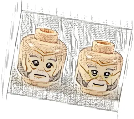 Minifigure, Head Dual Sided Light Bluish Gray and White Eyebrow and Beard, Neutral / Slight Smile with Gold Glasses Pattern