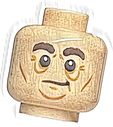 Minifigure, Head Dark Brown Bushy Eyebrows, Medium Nougat Cheek Lines, Chin Dimple and Wrinkles, Slight Lopsided Grin Pattern