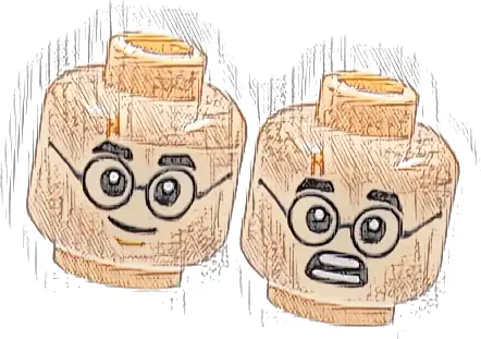 Minifigure, Head Dual Sided Black Thick Eyebrows, Round Glasses with Dark Silver Temples, Nougat Lightning Bolt Scar, Lopsided Grin with Medium Nougat Chin Dimple / Scared Open Mouth with Teeth Parted