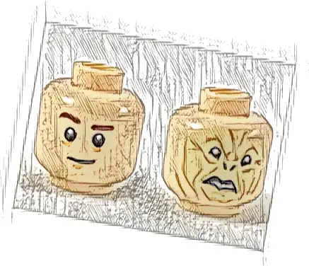 Minifigure, Head Dual Sided Reddish Brown Eyebrows (Quirrell) / Crooked Tan Face with Dark Orange Contours (Voldemort) Pattern