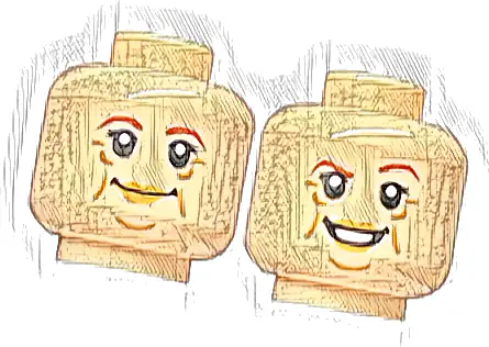 Minifigure, Head Dual Sided Female Reddish Brown Eyebrows, Medium Nougat Lips, Wrinkles, Grin / Smile with Raised Eyebrow Pattern