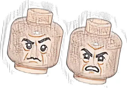 Minifigure, Head Dual Sided Black Eyebrows, Upper Eyelids, Medium Nougat Jowl Lines, Chin Dimple and Wrinkles, Furrowed Brow, Stern with Raised Eyebrow Left / Angry Open Mouth Scowl with Teeth Pattern