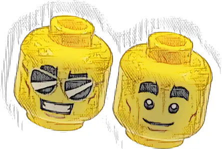 Minifigure, Head Dual Sided Thick Black Eyebrows, Black Sunglasses, Smile with Teeth / White Pupils, Closed Mouth Pattern