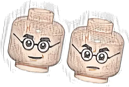 Minifigure, Head Dual Sided Black Eyebrows and Glasses, Medium Nougat Lightning Scar and Chin Dimple, Grin / Stern Pattern