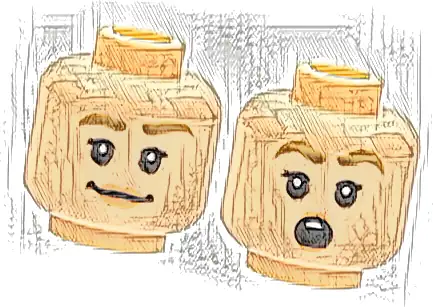 Minifigure, Head Dual Sided Female Dark Tan Thick Eyebrows, Black Eyelashes, Nougat Lips, Grin / Surprised Open Round Mouth with Top Teeth Pattern