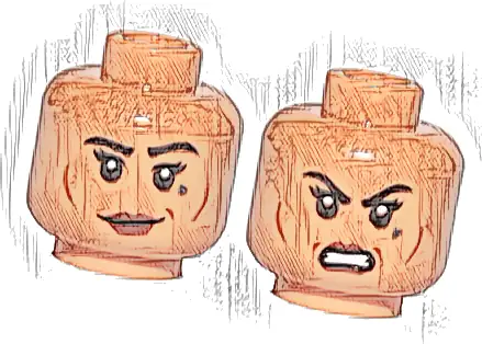 Minifigure, Head Dual Sided Female Dark Red Lips, Black Eyebrows, Cheek Lines, Dark Bluish Gray Tattoo, Smile / Angry Pattern