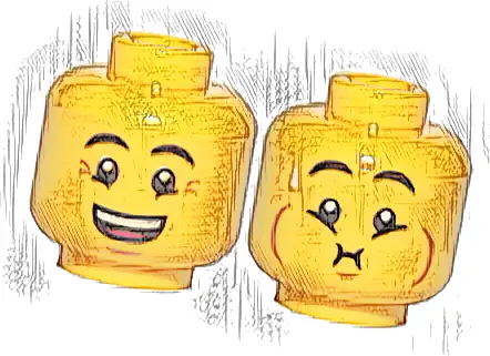 Minifigure, Head Dual Sided Eyebrows, Crow's Feet, Open Mouth Smile / Queasy Expression with Sweat Drop Pattern