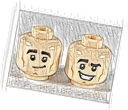 Minifigure, Head Dual Sided Black Eyebrows, Lopsided Grin / Large Smile with Raised Right Eyebrow Pattern