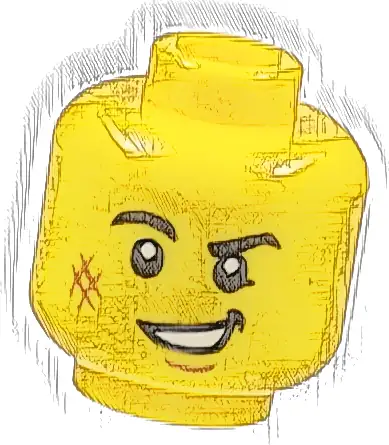 Minifigure, Head Black Eyebrows, Right Rounded, Medium Nougat Scuff Mark and Chin Dimple, Lopsided Open Mouth Smile with Teeth Pattern
