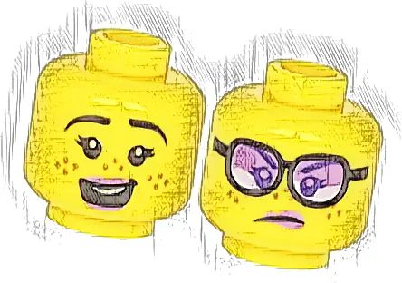 Minifigure, Head Dual Sided Female Lavender Lips, Black Eyebrows, Freckles, Open Mouth with Teeth, Smile / Angry with Glasses Pattern