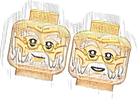 Minifigure, Head Dual Sided White Bushy Eyebrows and Beard, Gold Glasses, Grin / Smile with Teeth Pattern