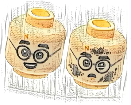 Minifigure, Head Dual Sided Child Black Eyebrows, Round Glasses, Medium Nougat Lightning Bolt Scar and Chin Dimple, Open Mouth Smile with Top Teeth / Broken Lens and Dark Bluish Gray Dirt Stains Patte