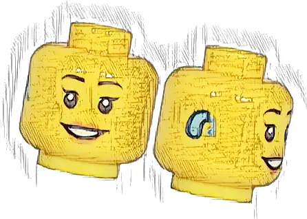 Minifigure, Head Female Black Thin Eyebrows, Single Eyelashes, Medium Nougat Lips, Bright Light Blue Hearing Aid on Right, Open Mouth Smile with Teeth Pattern