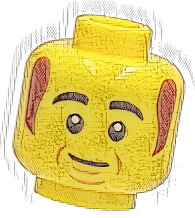 Minifigure, Head Black Thick Eyebrows, Reddish Brown Sideburns, Cheek Lines, Chin Dimple, Lopsided Grin Pattern